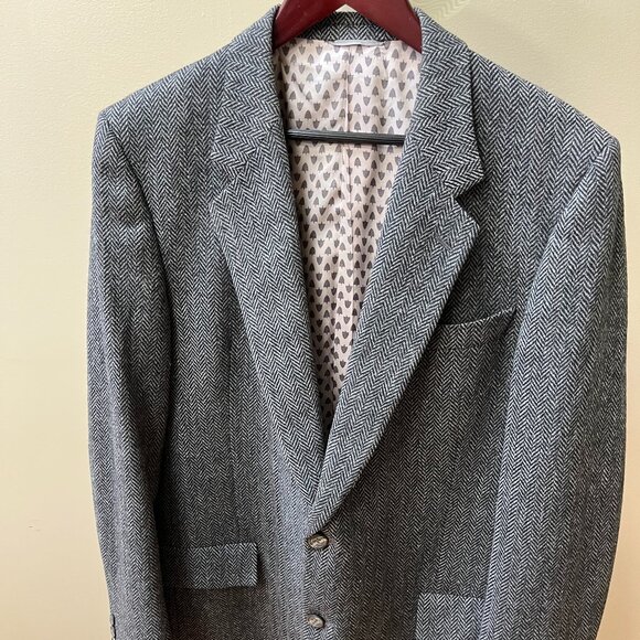 HARDY AMIES Mens 44 Grey Black HERRINGBONE 100% Wool Sports Coat JACKET BLAZER - Picture 1 of 9